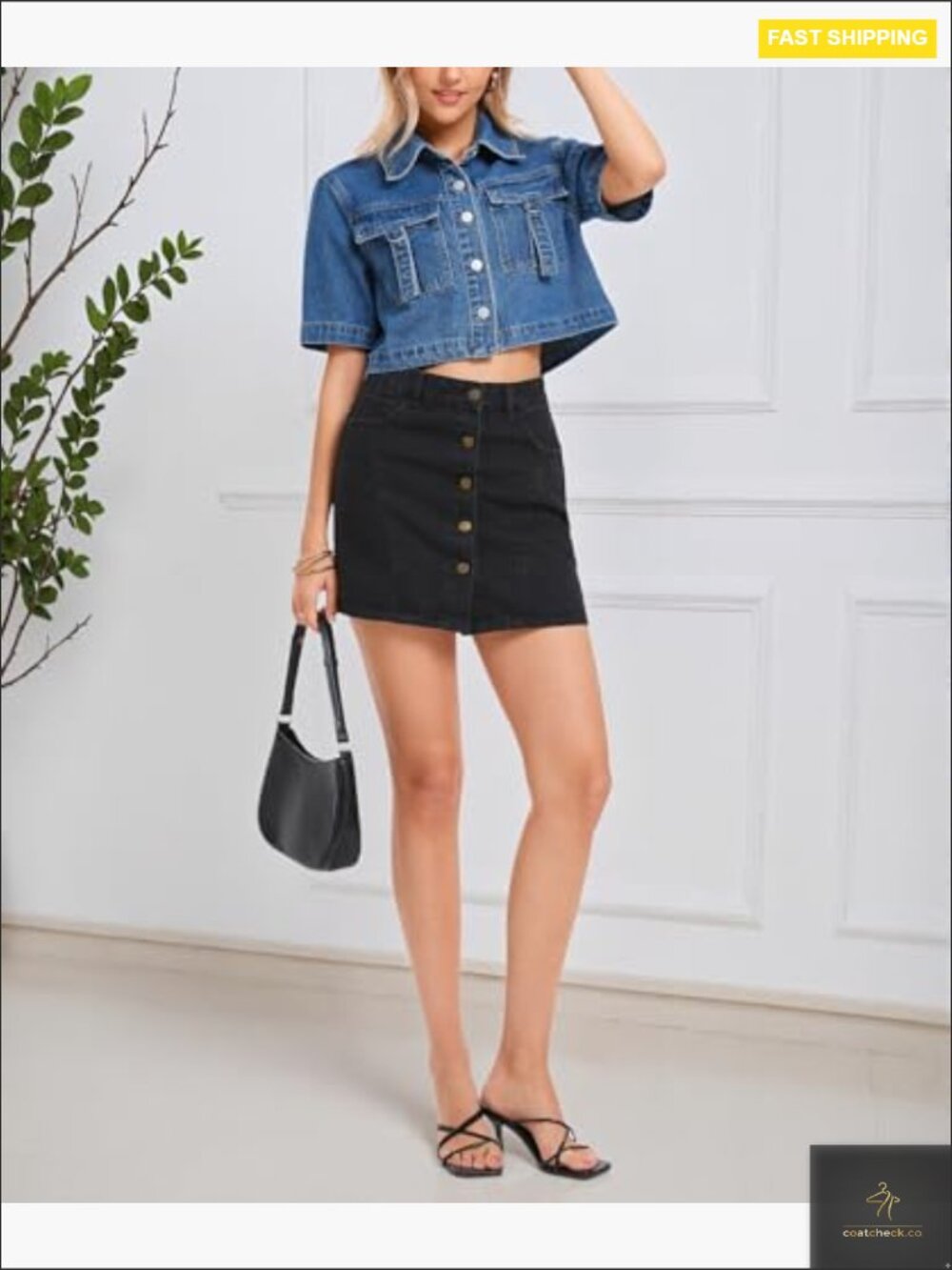 Cropped Denim Jacket Lightweight Short Sleeve Trucker Button Down Trendy Y2K - Picture 2 of 6